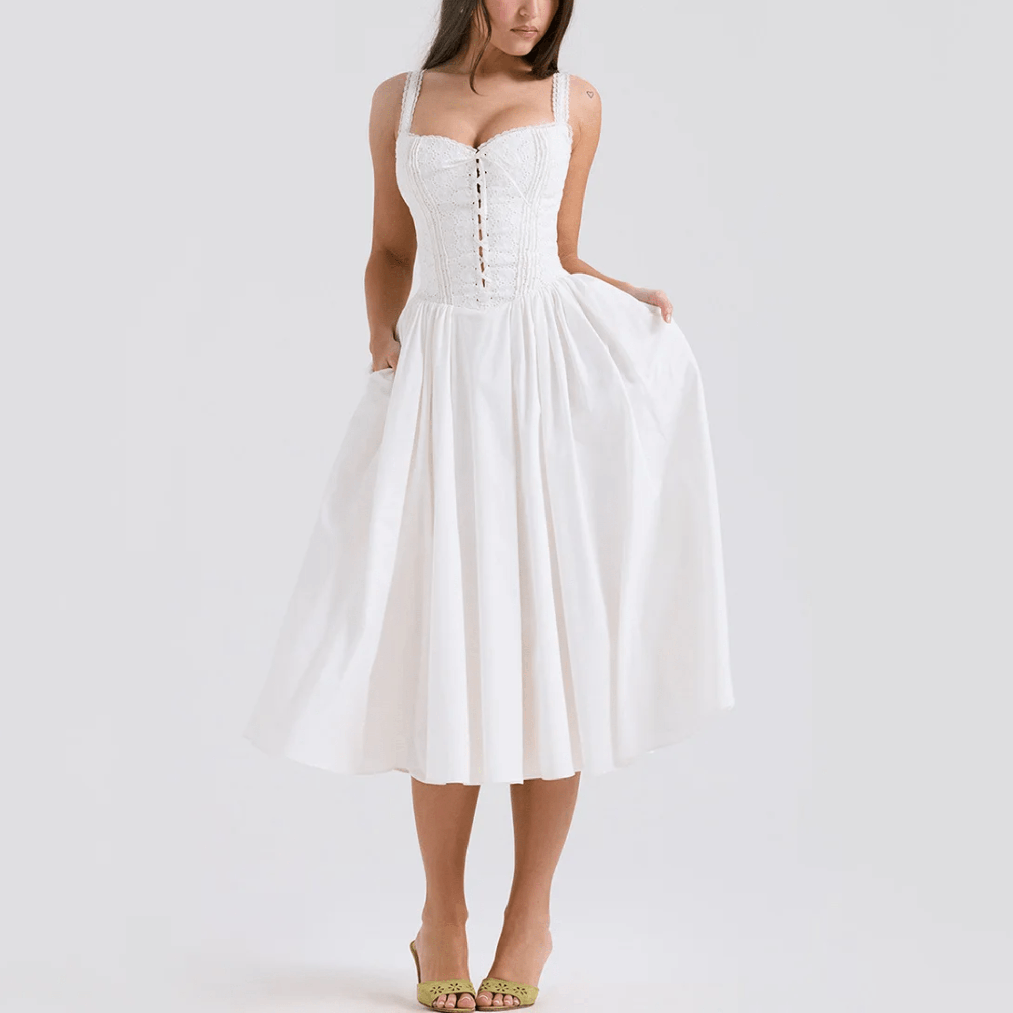 Auzaria - White Broderie Fit & Flare Lace Up Midi Dress