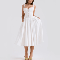Auzaria - White Broderie Fit & Flare Lace Up Midi Dress