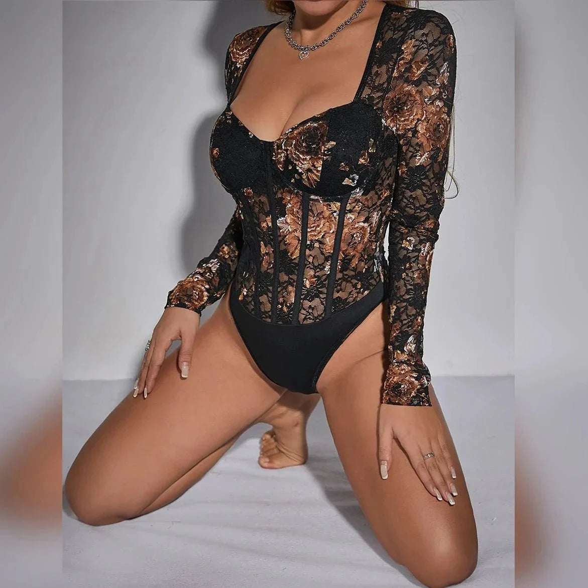 Aviana - Black Floral Print Lace Corset Style Bodysuit