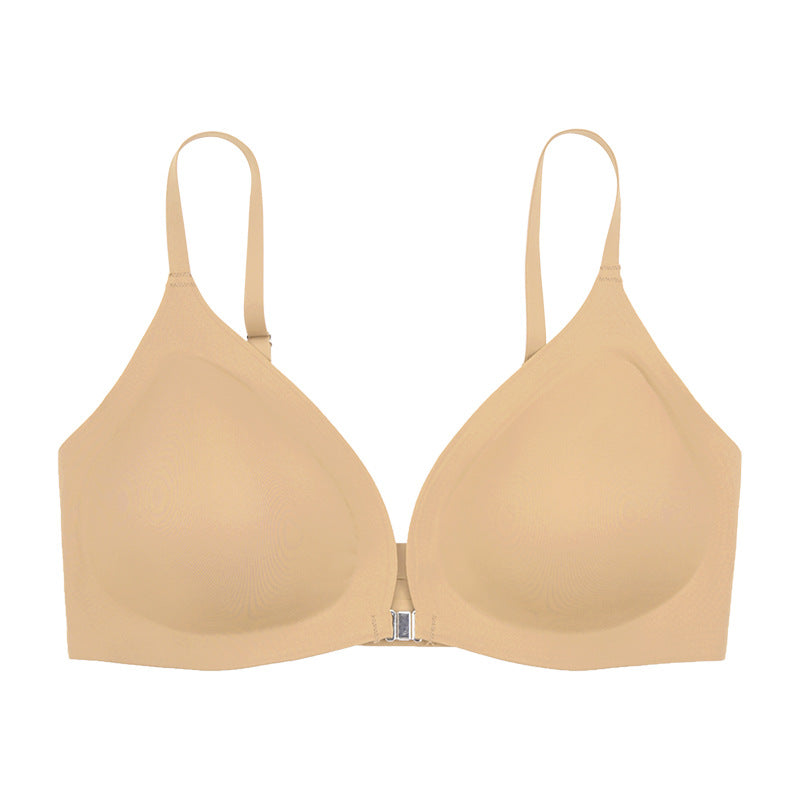 Comfortable Adjustable Straps Deep V Front Button Solid Color Wireless Bra Tan