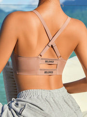 Cross Back Letter Print Wireless Bralette Pink