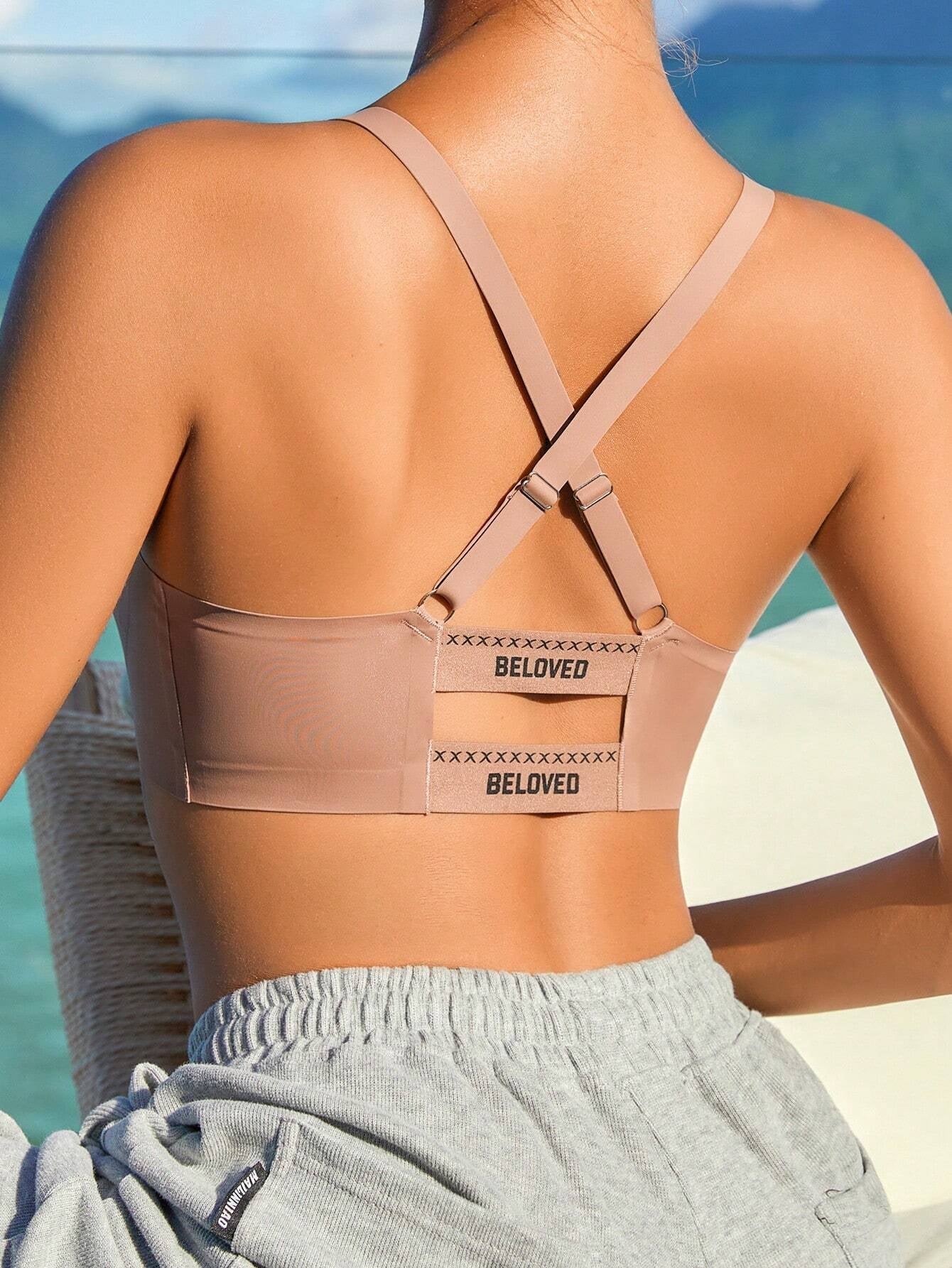 Cross Back Letter Print Wireless Bralette Pink