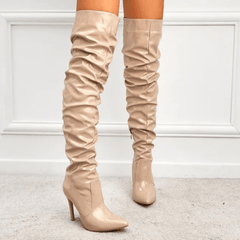 Beige Patent Leather Over The Knee Boots