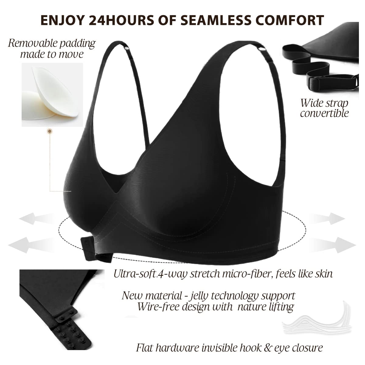 Haullps Wirefree Seamless Bra for Women Invisible Deep V Plunge Bra with Removeable Padding