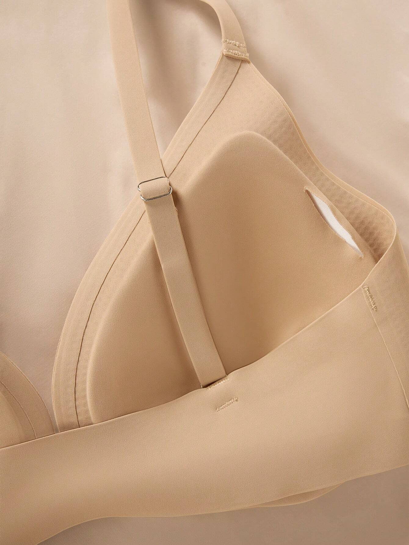 Comfortable Adjustable Straps Deep V Front Button Solid Color Wireless Bra Tan