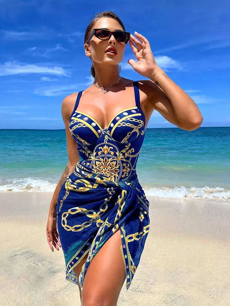 One Piece Swimsuit Women with Beach Cover Up Wrap Skirt Set
