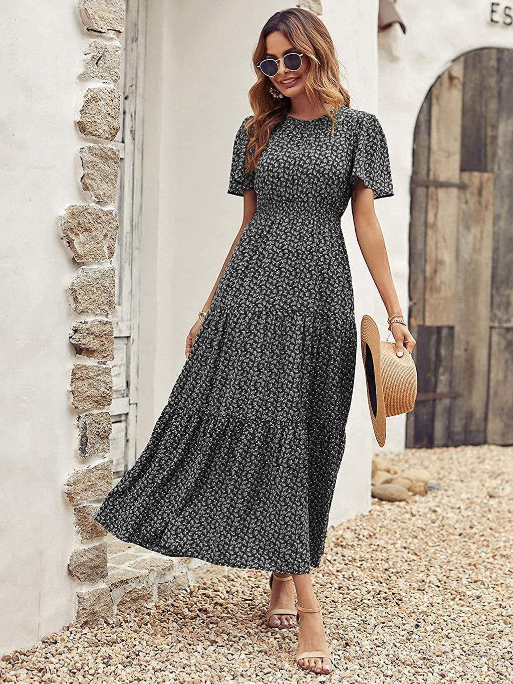 Dresses Women Casual Floral Print Dress O Neck Puff Sleeve Midi Dresses Summer Ladies Dress Vestidos