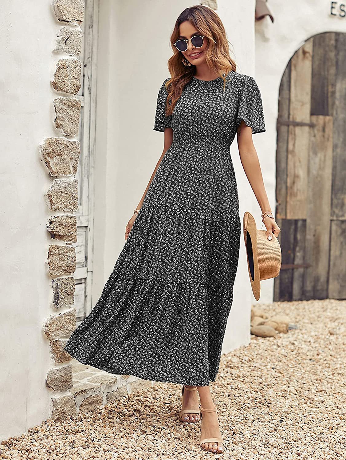 Dresses Women Casual Floral Print Dress O Neck Puff Sleeve Midi Dresses Summer Ladies Dress Vestidos