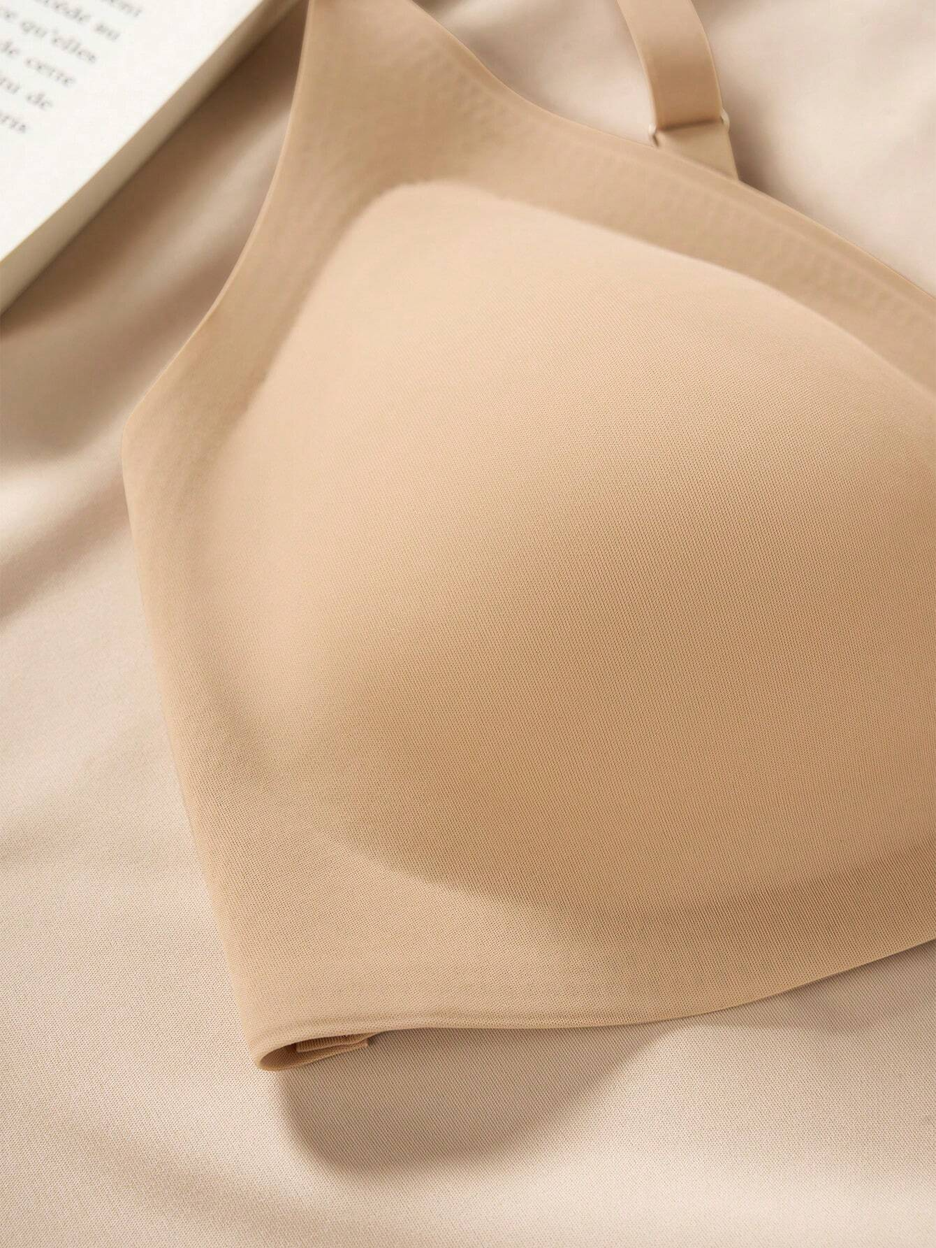 Comfortable Adjustable Straps Deep V Front Button Solid Color Wireless Bra Tan