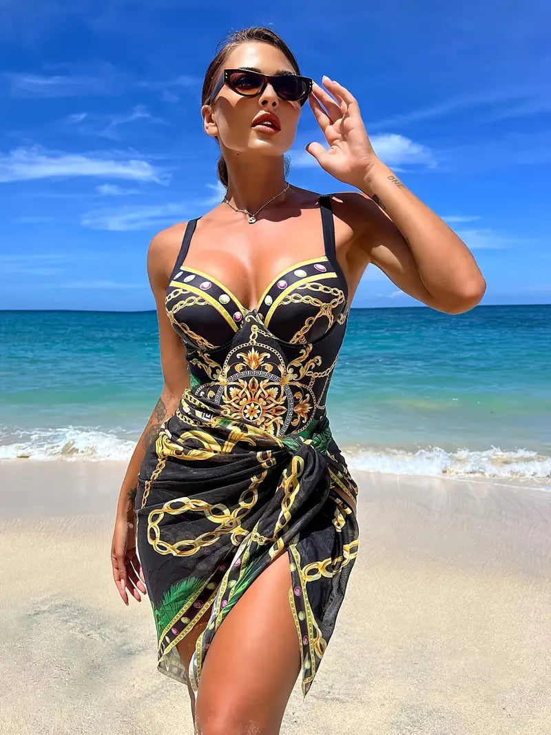 One Piece Swimsuit Women with Beach Cover Up Wrap Skirt Set