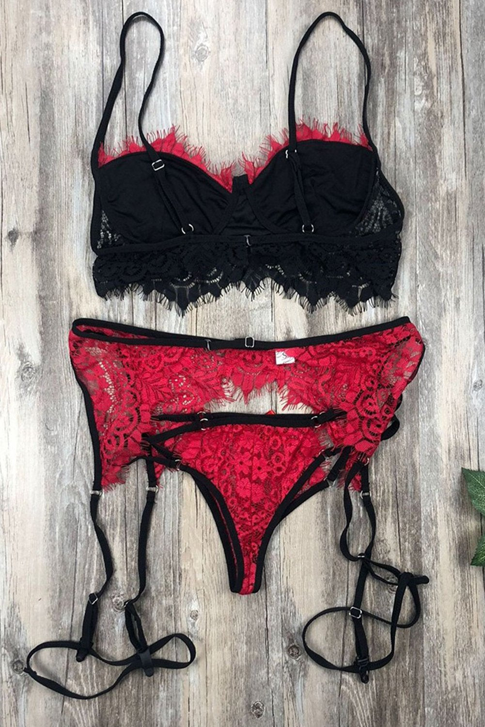 Red Eyelash Lace Spaghetti Strap Bralette Set with Garter Belt