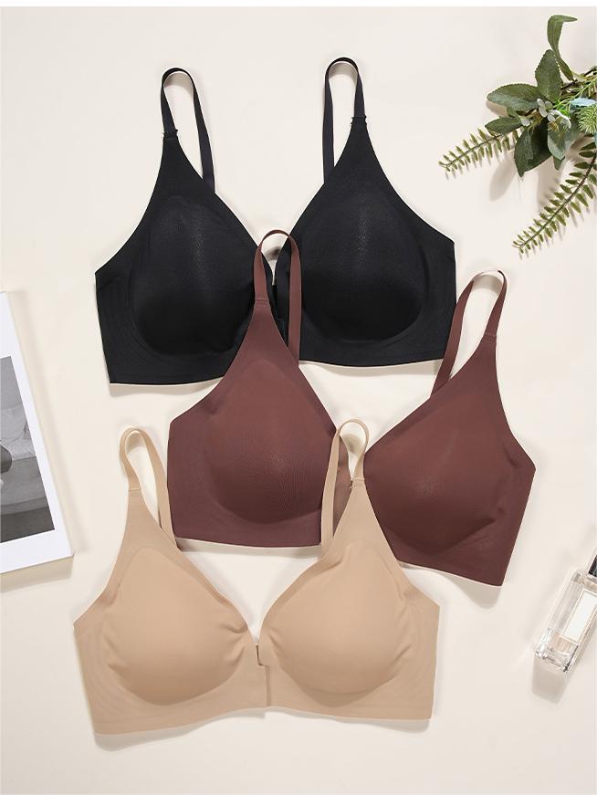 Solid Color Front Button Deep V Wireless Bra Brown