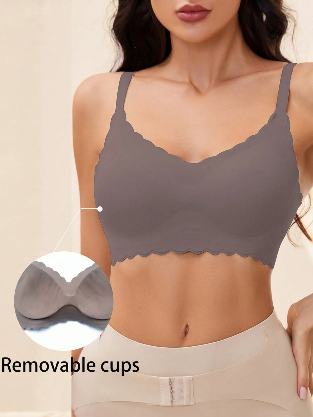 Solid Seamless Scallop Trim Bralette RosyBrown