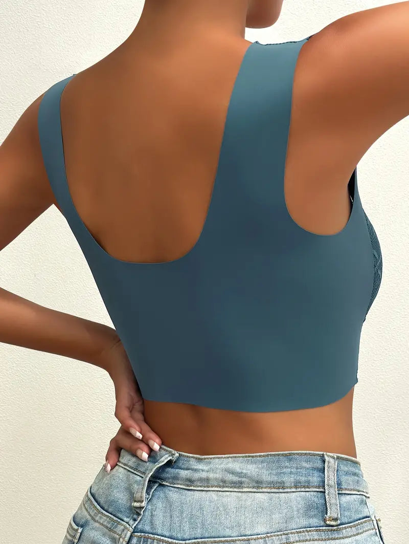 Contrast Lace Wireless Bra, Soft & Comfortable Tank Bra, Women's Lingerie & Underwear Blue