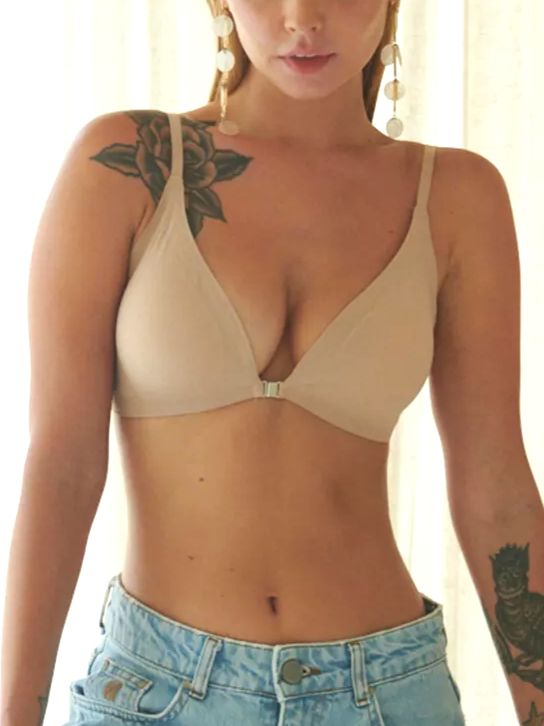 Comfortable Adjustable Straps Deep V Front Button Solid Color Wireless Bra Tan