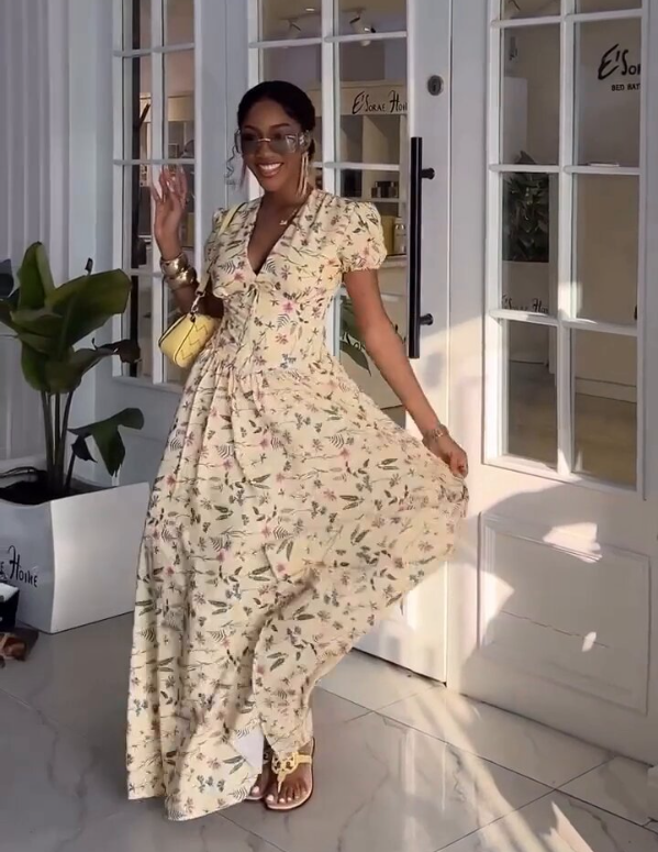 Printed V-Neck Tie-Waist Dress