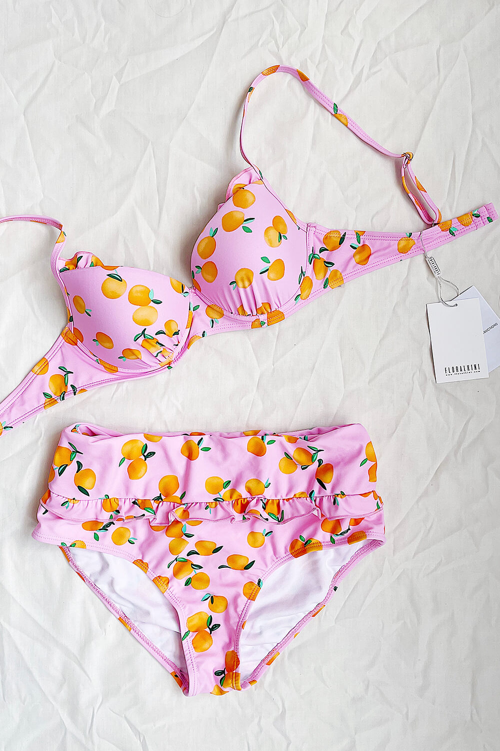 Peach Print Ruffle Trim High Waisted Bikini Bottom