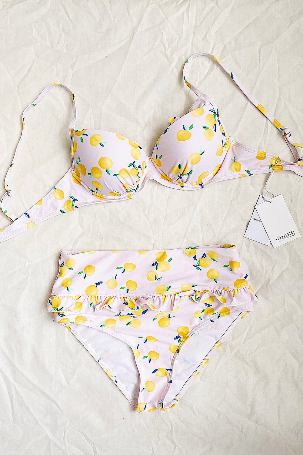 Lemon Print Ruffle Trim High Waisted Bikini Bottom