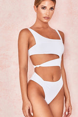 White Asymmetrical Cut Out Side Knot One Piece Swimsuit