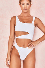 White Asymmetrical Cut Out Side Knot One Piece Swimsuit