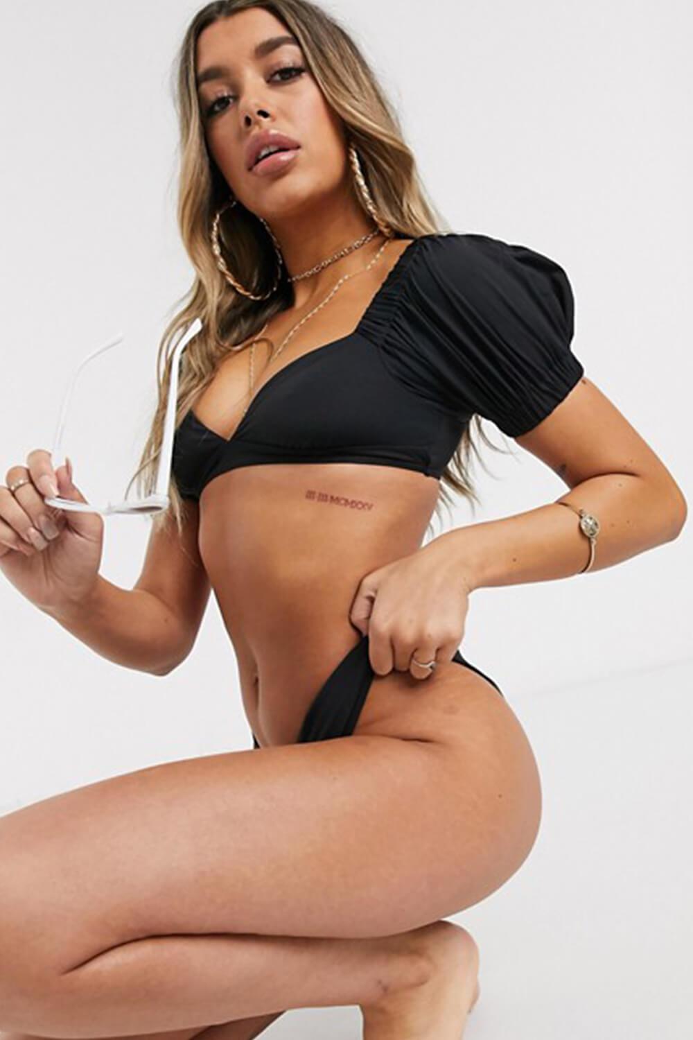 Black Puff Short Sleeves Bikini Top