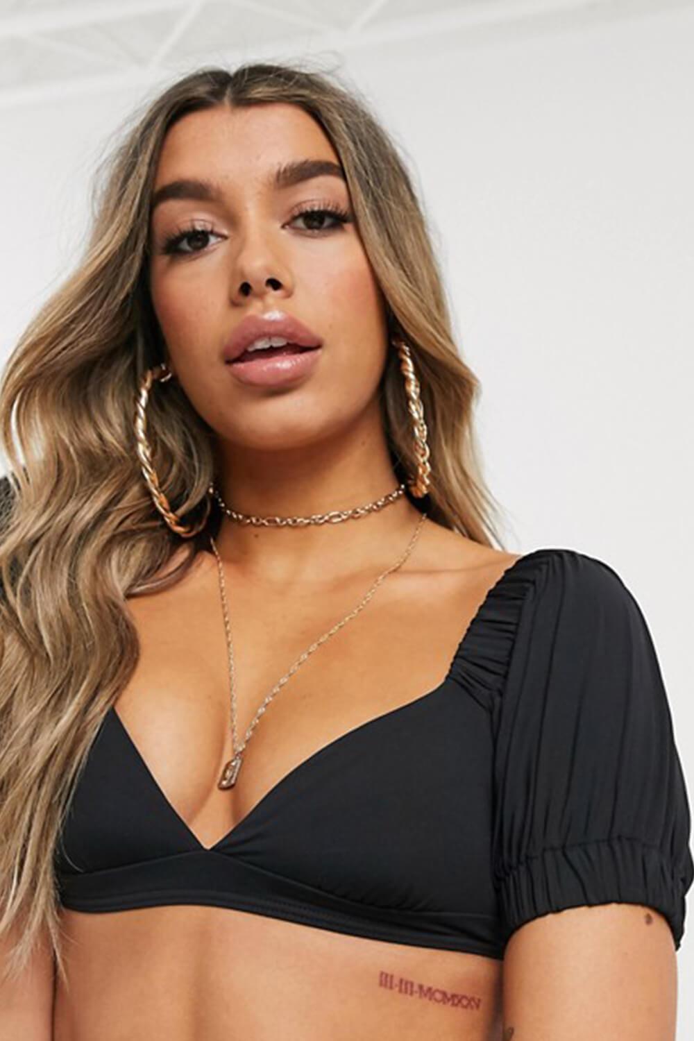 Black Puff Short Sleeves Bikini Top