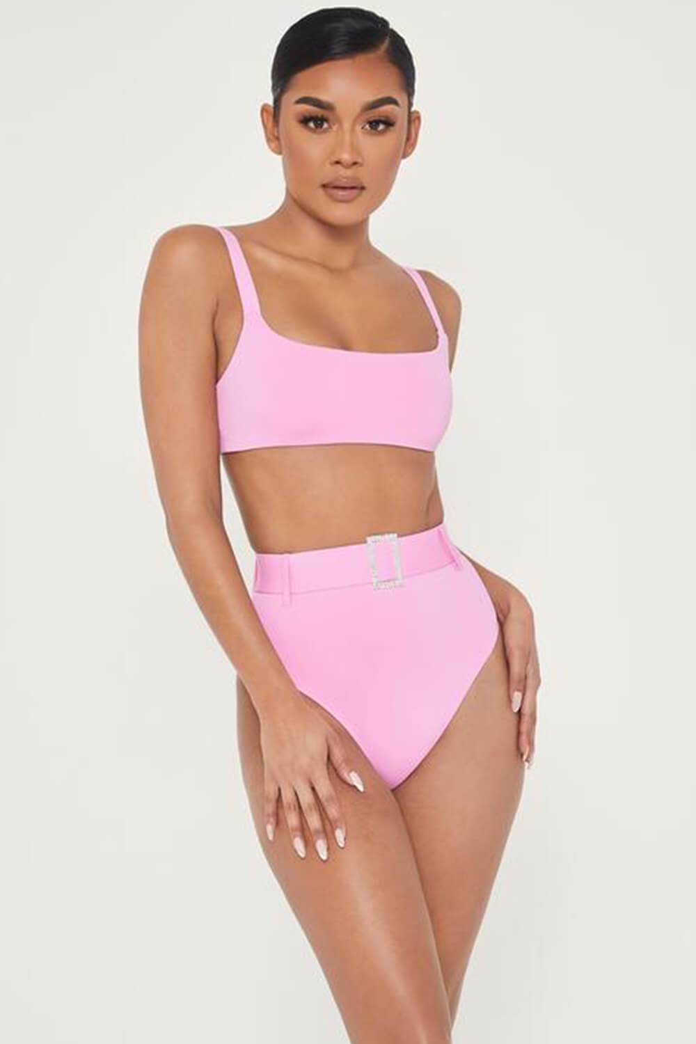 Hot Pink High Waist Bikini Bottom With Diamante Belt