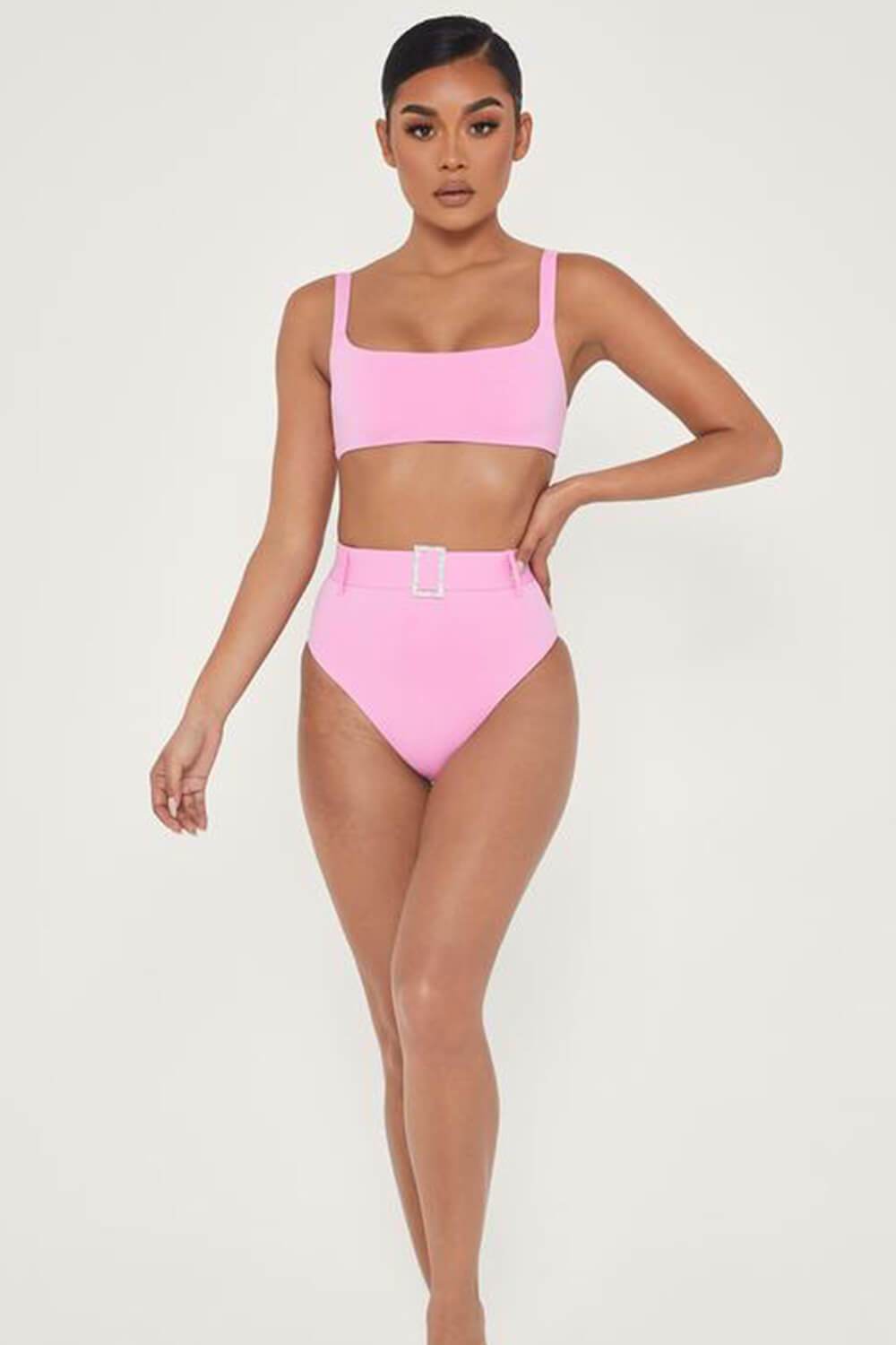 Hot Pink High Waist Bikini Bottom With Diamante Belt