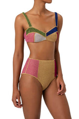 Multicoloured Shimmer Color-Block Velvet High Waisted Bikini Bottom