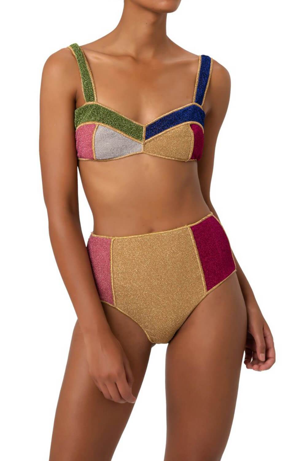 Multicoloured Shimmer Color-Block Velvet High Waisted Bikini Bottom