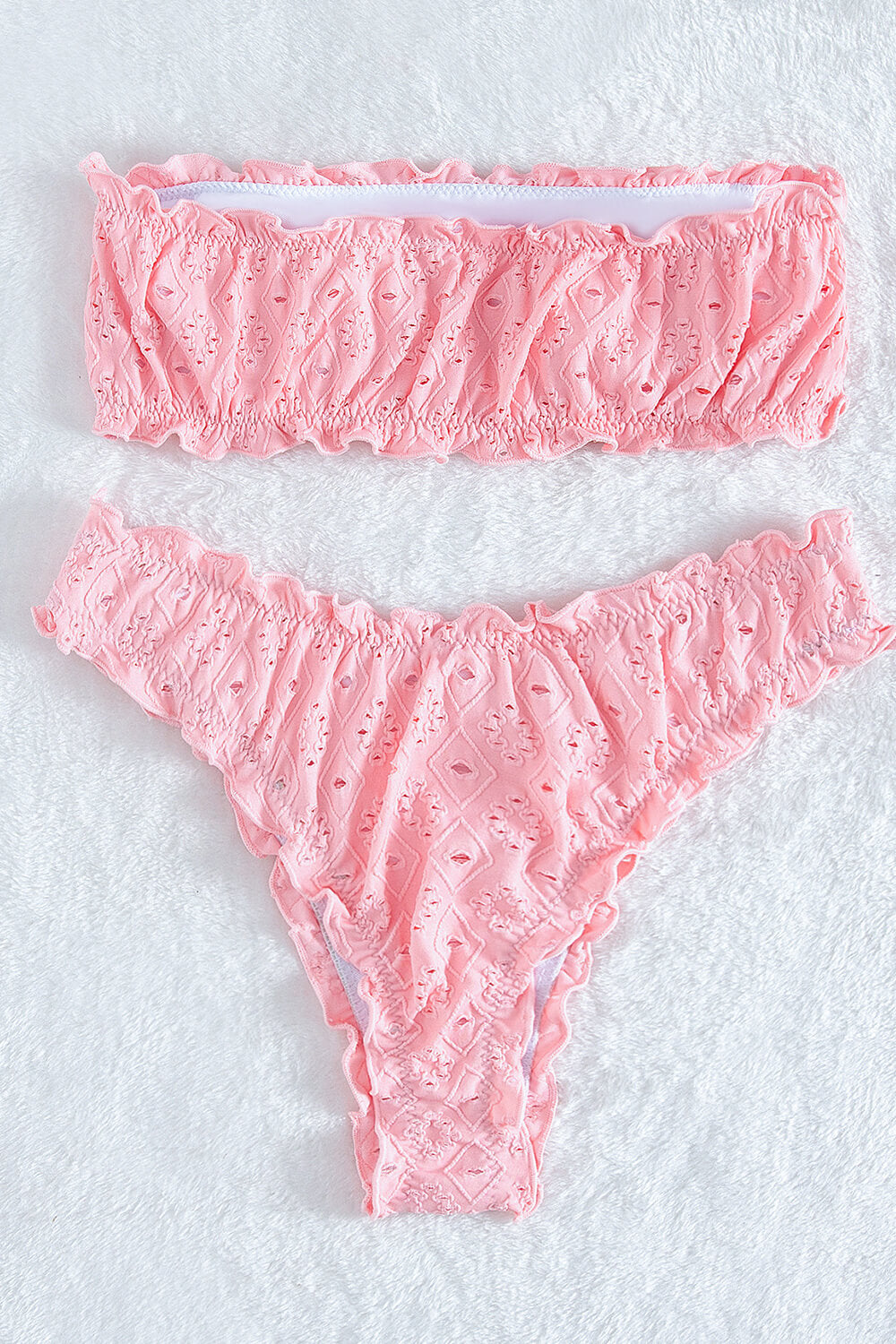 Pink Eyelet Embroidered Ruched Bandeau Bikini Top