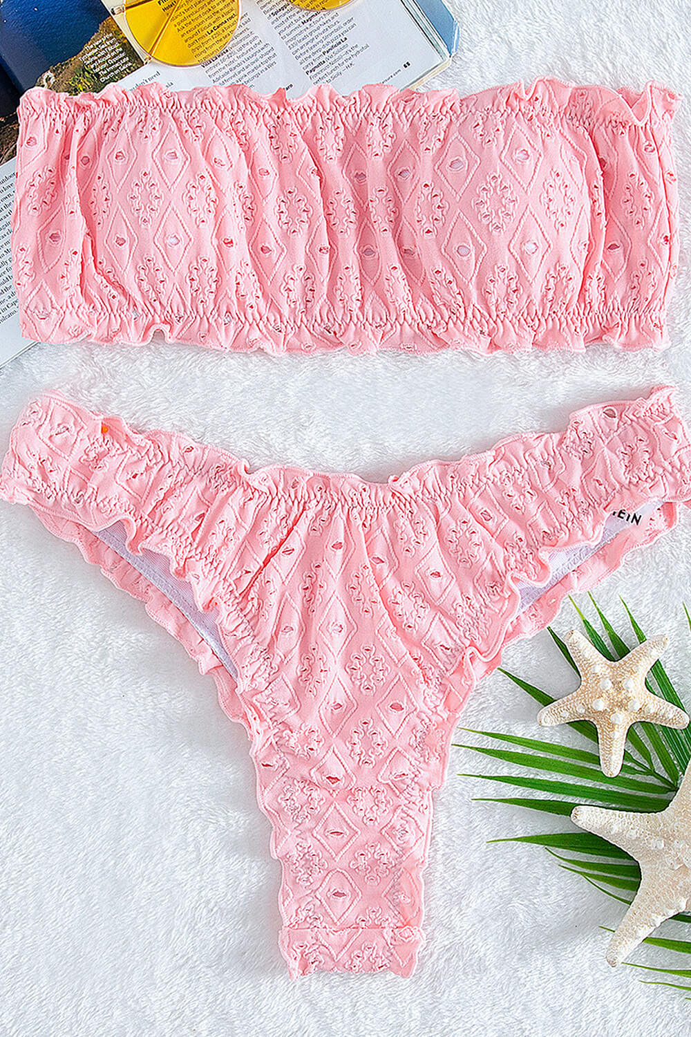 Pink Eyelet Embroidered Ruched Bandeau Bikini Top