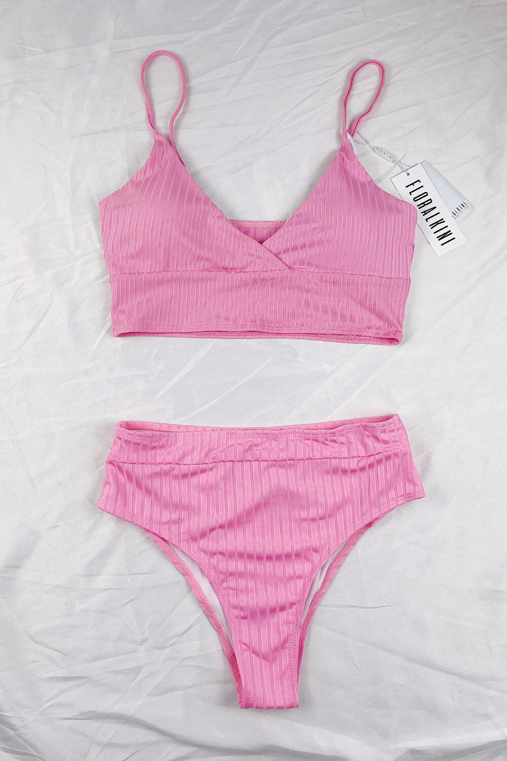 Pink Textured Long Line Plunge Bikini Top