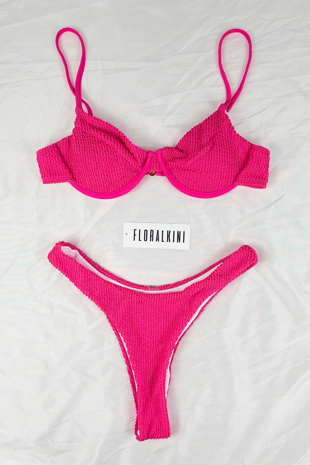Hot Pink Crinkle Underwire Bralette Bikini Top