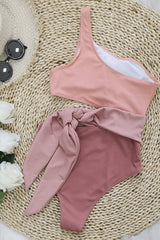 Pink Colorblock Ribbed One Shoulder Tie Side One Piece Swimsuit
