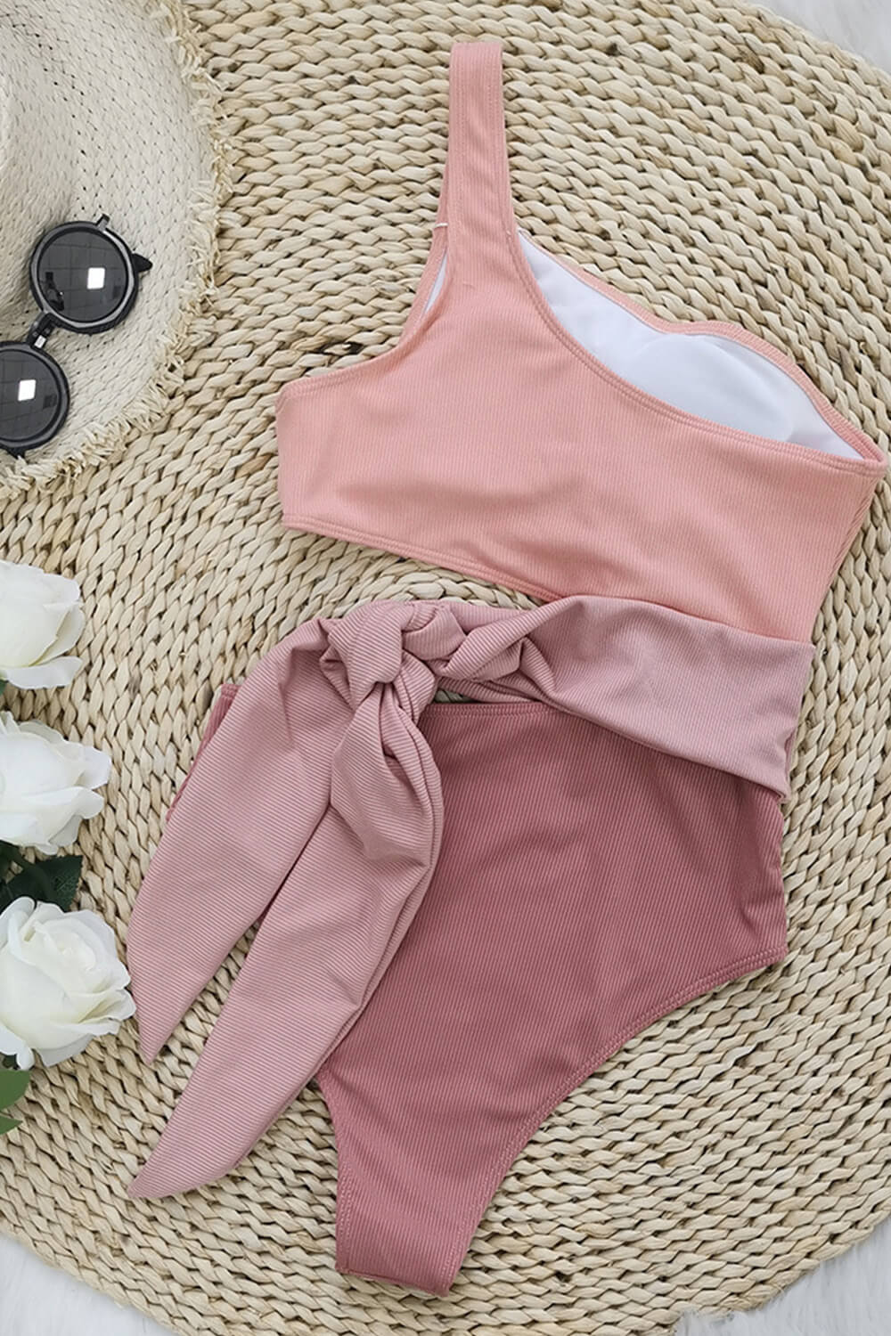 Pink Colorblock Ribbed One Shoulder Tie Side One Piece Swimsuit