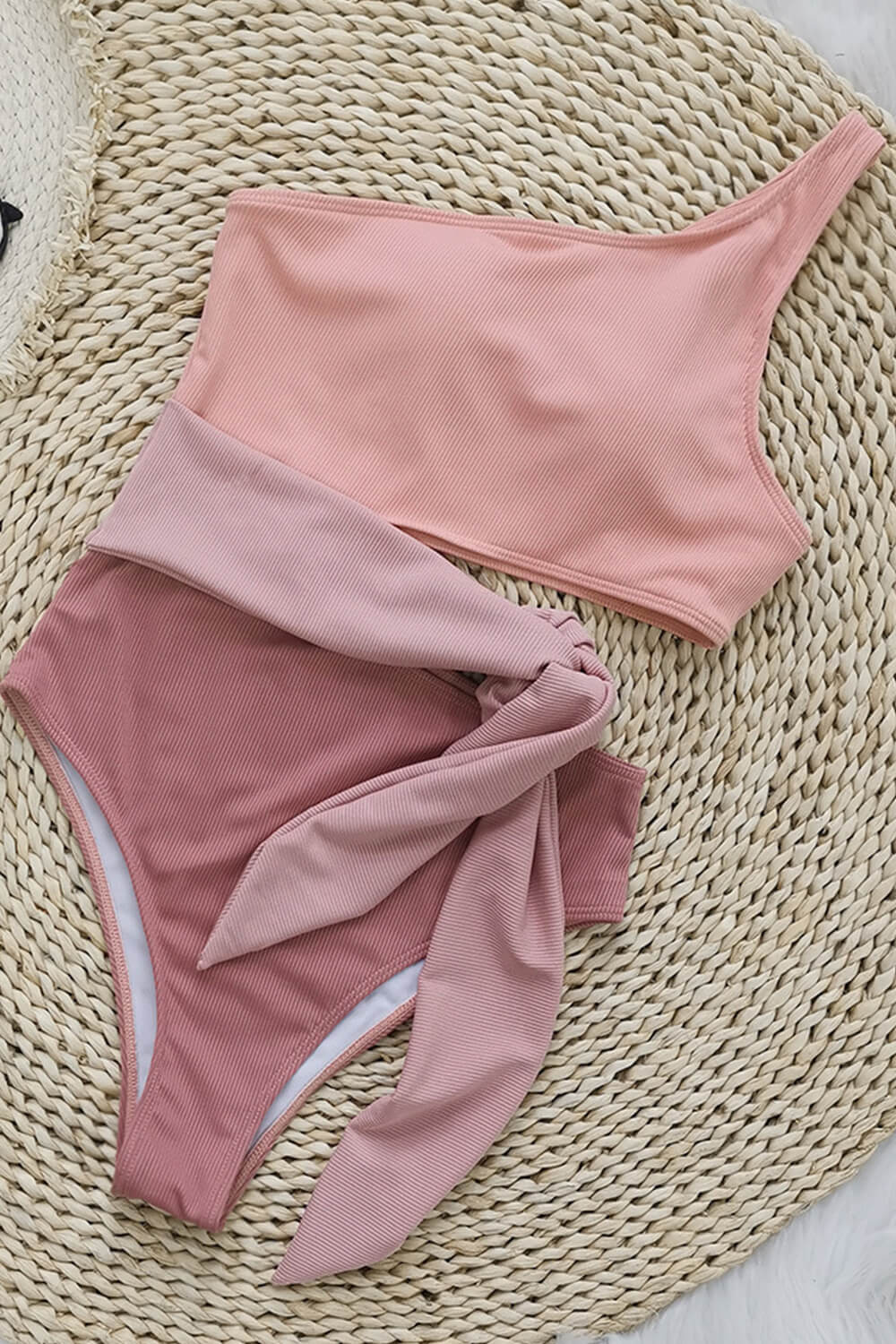 Pink Colorblock Ribbed One Shoulder Tie Side One Piece Swimsuit