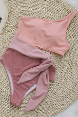 Pink Colorblock Ribbed One Shoulder Tie Side One Piece Swimsuit