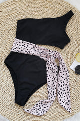 Black Leopard Colorblock Ribbed One Shoulder Tie Side One Piece Swimsuit