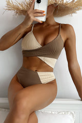 Beige Rib Colorblock High-Waist Bikini Bottoms