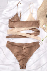 Beige Rib Criss-Cross Colorblock Spliced Bikini Top