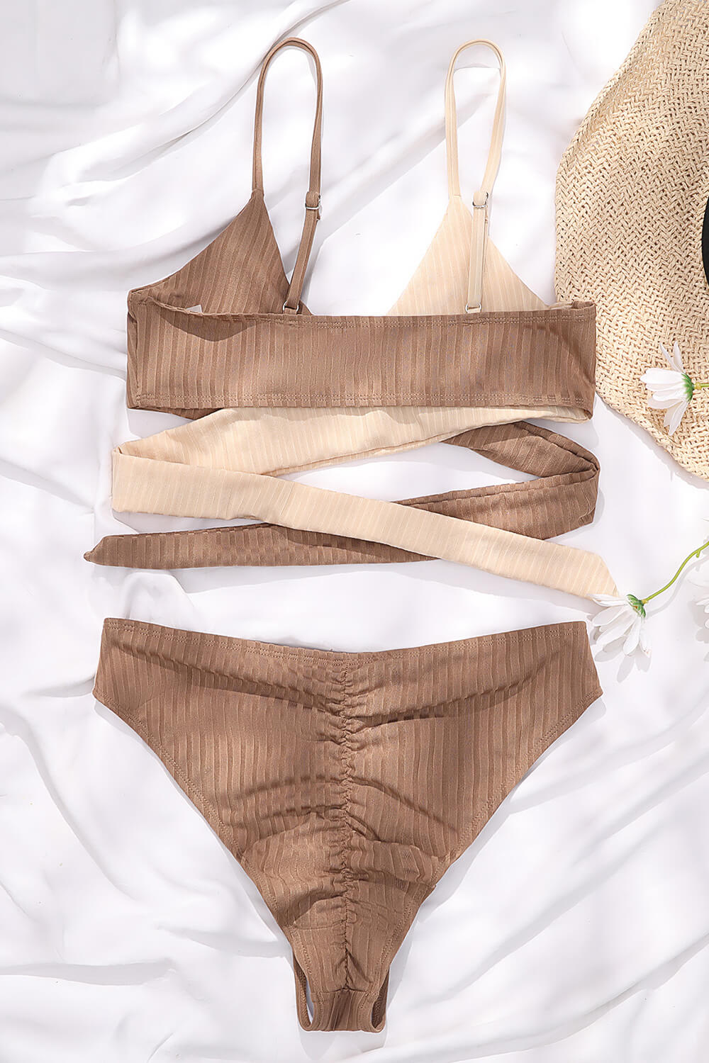 Beige Rib Criss-Cross Colorblock Spliced Bikini Top