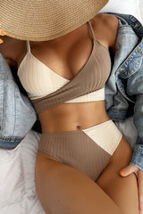 Beige Rib Colorblock High-Waist Bikini Bottoms