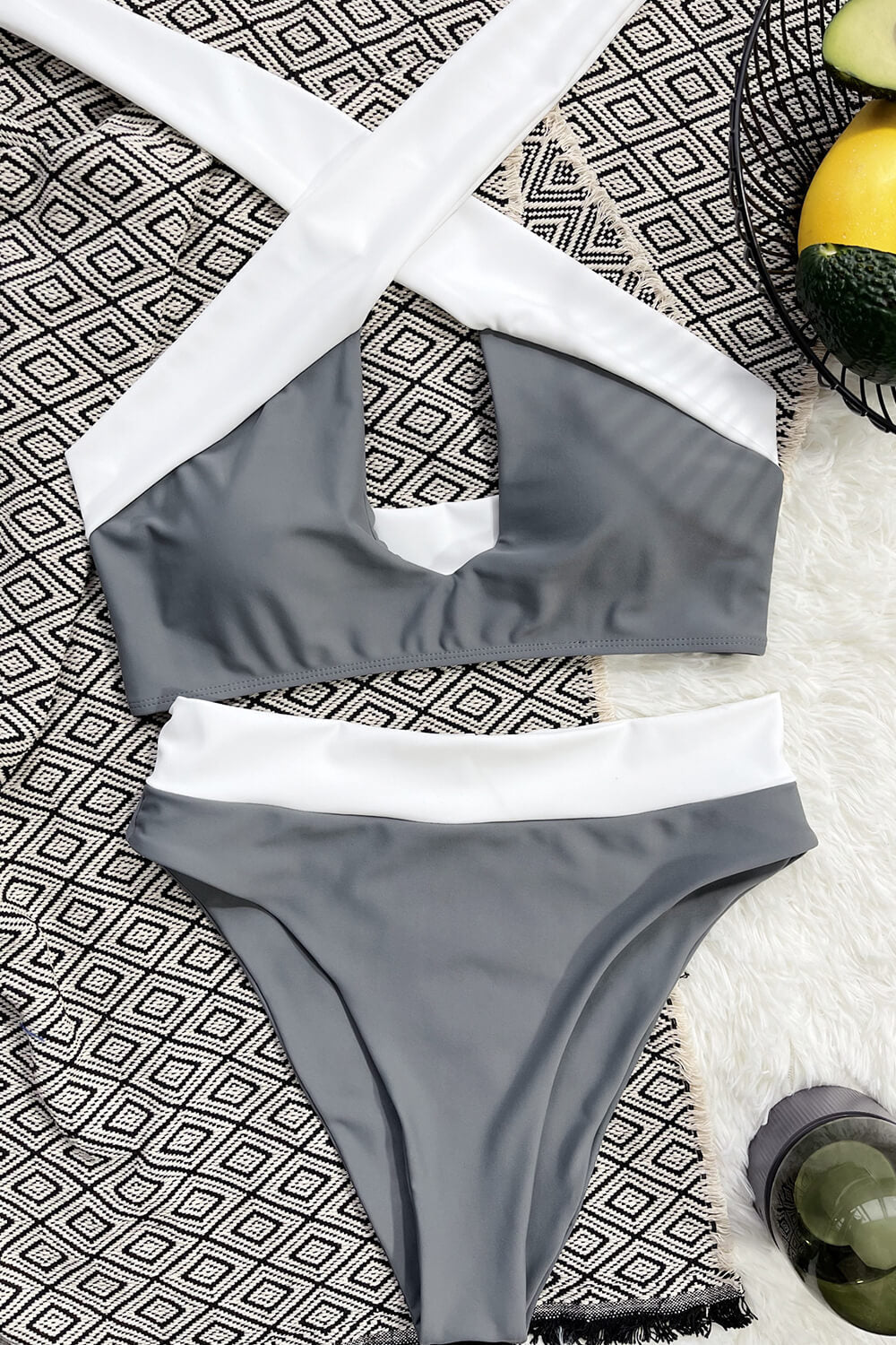 Grey Crossing Color Blocked Bikini Top