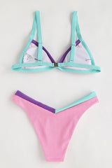 Pink Ribbed Colorblock Triangle Bikini Top