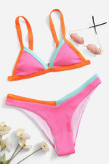 Hot Pink Ribbed Colorblock Triangle Bikini Top