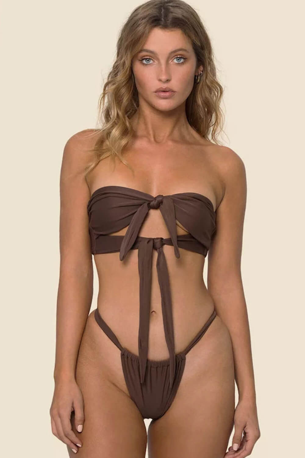 Double Front Tie Bandeau Ruched Brazilian Bikini Set - Green/Pink/Black/Chocolate/Blue