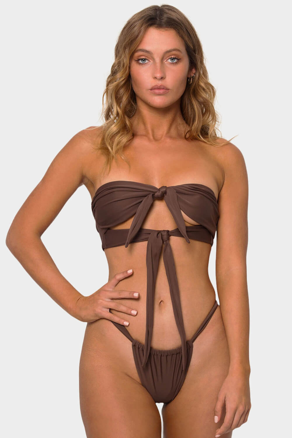 Double Front Tie Bandeau Ruched Brazilian Bikini Set - Green/Pink/Black/Chocolate/Blue
