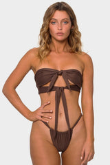Double Front Tie Bandeau Ruched Brazilian Bikini Set - Green/Pink/Black/Chocolate/Blue