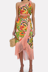 Macaw Leaves Print One Shoulder High Waisted Bikini Set